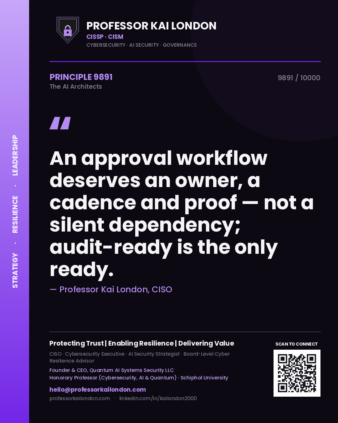 Professor Kai London principle 9891: An approval workflow deserves an owner, a cadence and proof — not a silent dependency; audit-ready is the only ready.