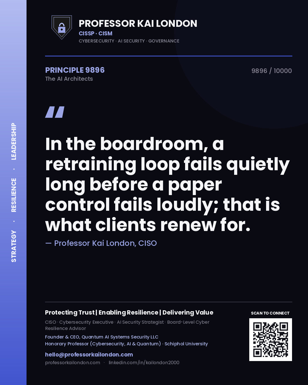 Professor Kai London principle 9896: In the boardroom, a retraining loop fails quietly long before a paper control fails loudly; that is what clients renew for.