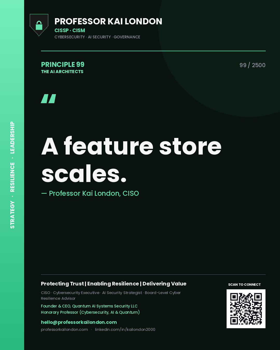Quote card by Professor Kai London reading 'A feature store scales.'. From the book The AI Architects.