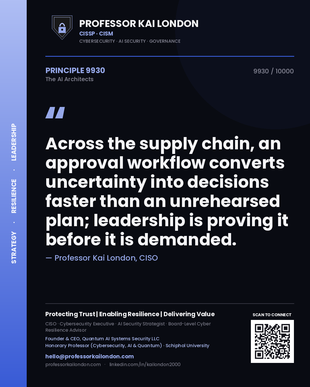 Professor Kai London principle 9930: Across the supply chain, an approval workflow converts uncertainty into decisions faster than an unrehearsed plan; leadership is proving it before it is demanded.