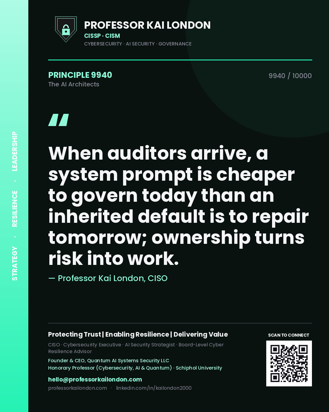 Quote card by Professor Kai London reading 'When auditors arrive, a system prompt is cheaper to govern today than an inherited default is to repair tomorrow; ownership turns risk into work.'. From the book The AI Architects.