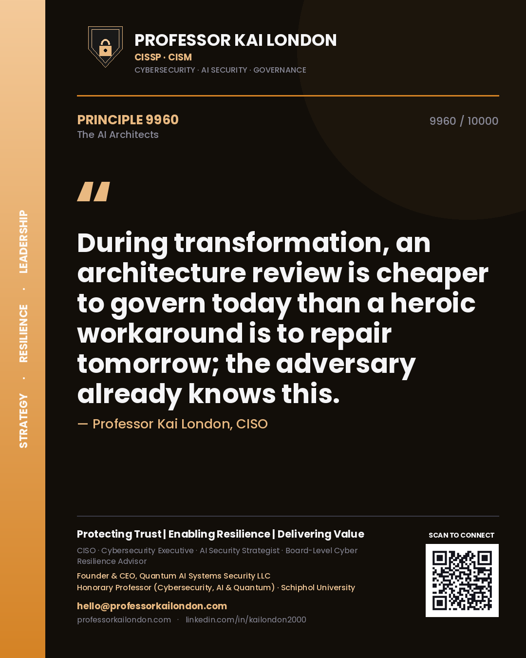 Professor Kai London principle 9960: During transformation, an architecture review is cheaper to govern today than a heroic workaround is to repair tomorrow; the adversary already knows this.