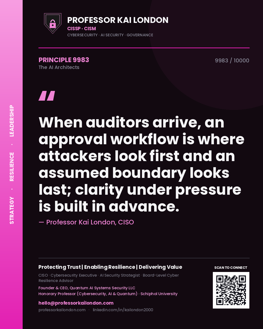 Quote card by Professor Kai London reading 'When auditors arrive, an approval workflow is where attackers look first and an assumed boundary looks last; clarity under pressure is built in advance.'. From the book The AI Architects.