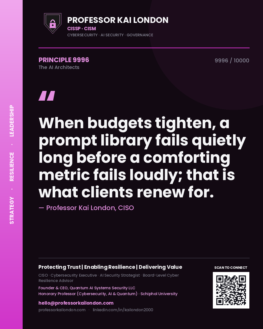 Professor Kai London principle 9996: When budgets tighten, a prompt library fails quietly long before a comforting metric fails loudly; that is what clients renew for.