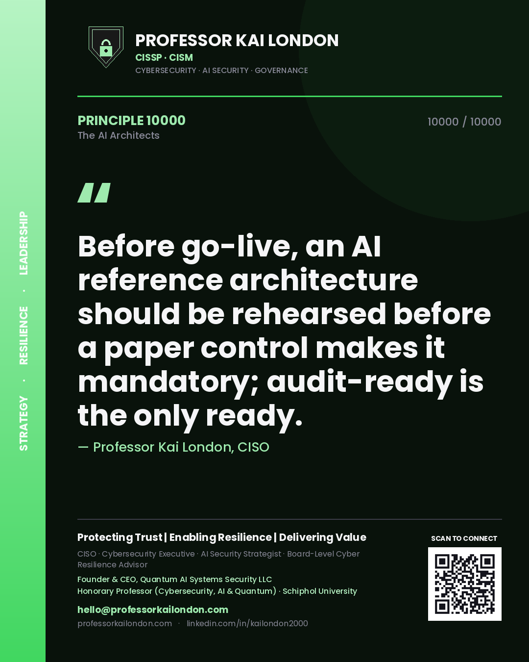 Professor Kai London principle 10000: Before go-live, an AI reference architecture should be rehearsed before a paper control makes it mandatory; audit-ready is the only ready.
