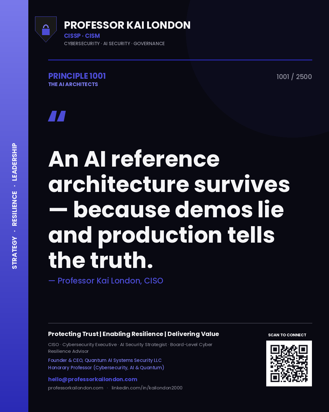 Quote card by Professor Kai London reading 'An AI reference architecture survives — because demos lie and production tells the truth.'. From the book The AI Architects.