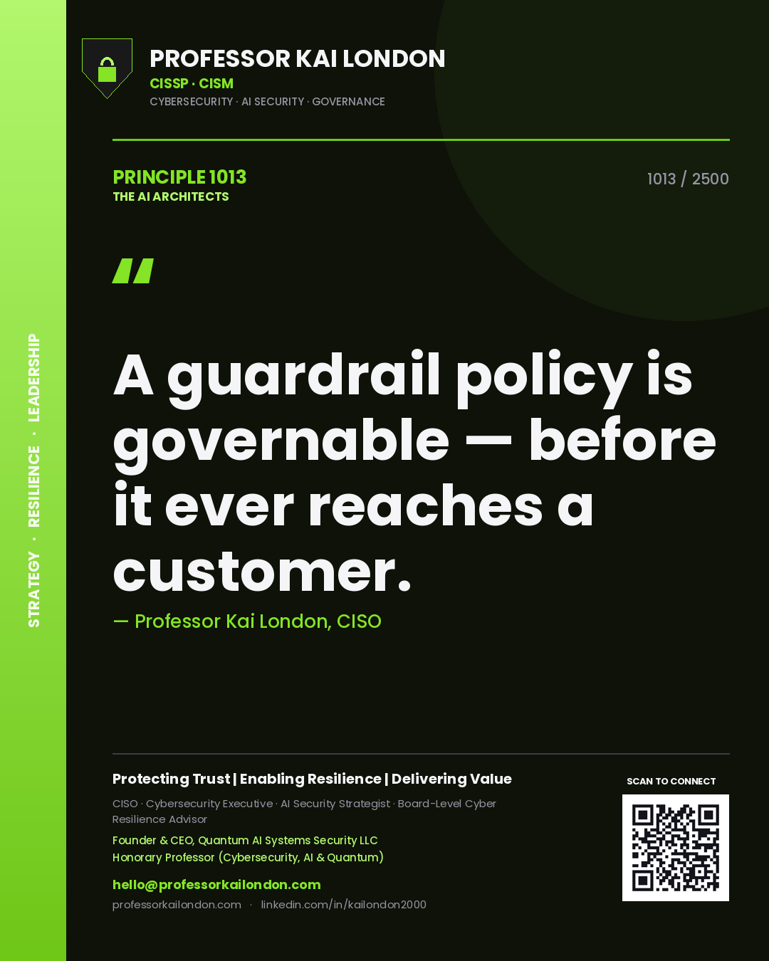 Quote card by Professor Kai London reading 'A guardrail policy is governable — before it ever reaches a customer.'. From the book The AI Architects.