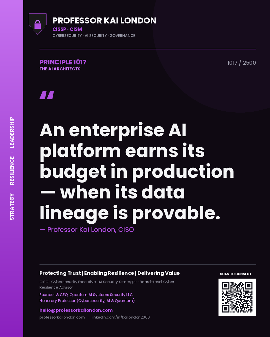 Quote card by Professor Kai London reading 'An enterprise AI platform earns its budget in production — when its data lineage is provable.'. From the book The AI Architects.