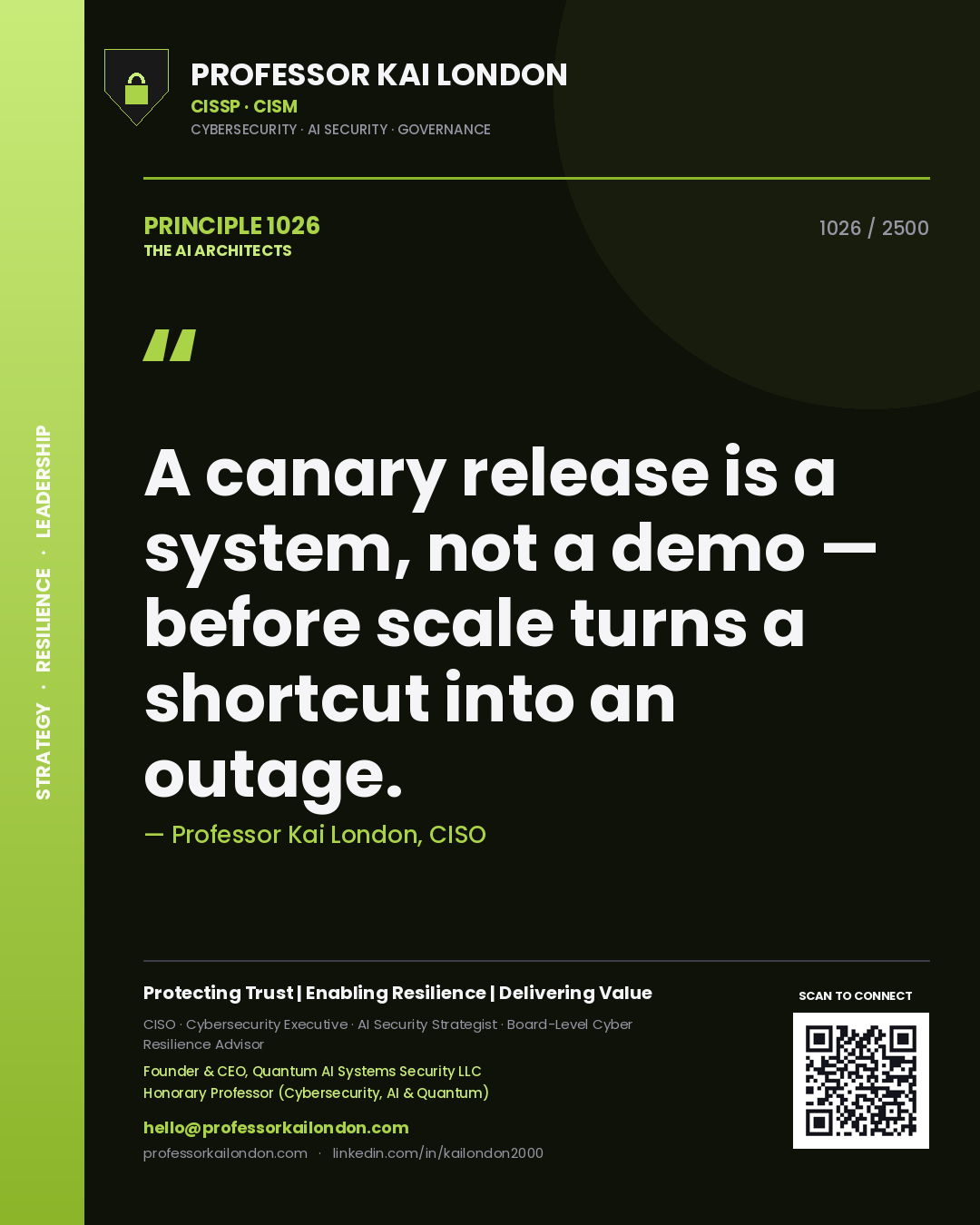 Quote card by Professor Kai London reading 'A canary release is a system, not a demo — before scale turns a shortcut into an outage.'. From the book The AI Architects.