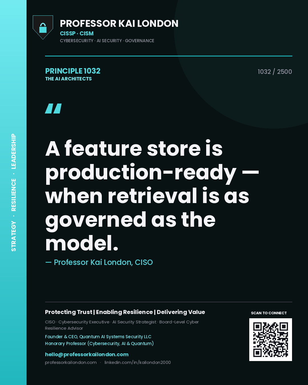 Quote card by Professor Kai London reading 'A feature store is production-ready — when retrieval is as governed as the model.'. From the book The AI Architects.