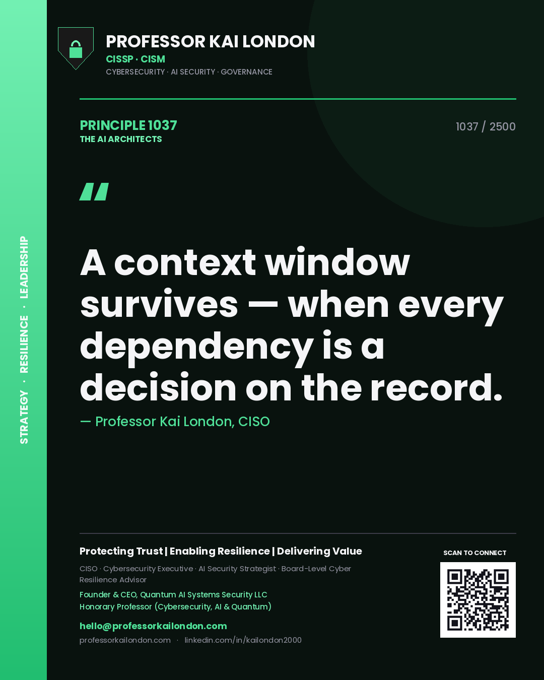 Quote card by Professor Kai London reading 'A context window survives — when every dependency is a decision on the record.'. From the book The AI Architects.