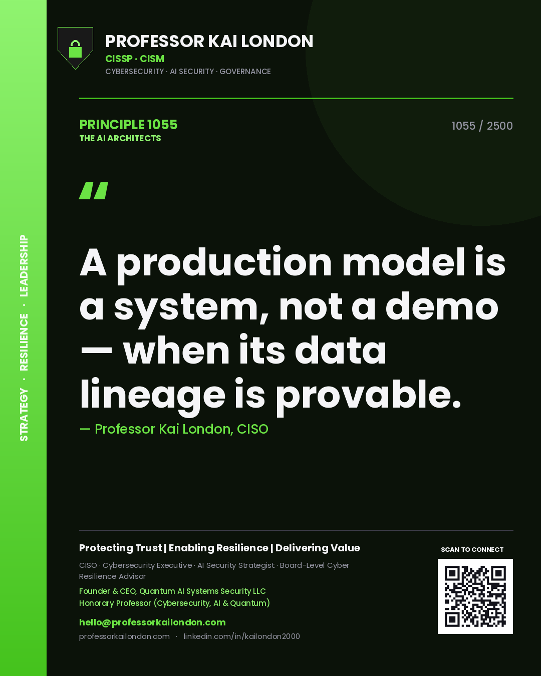 Quote card by Professor Kai London reading 'A production model is a system, not a demo — when its data lineage is provable.'. From the book The AI Architects.