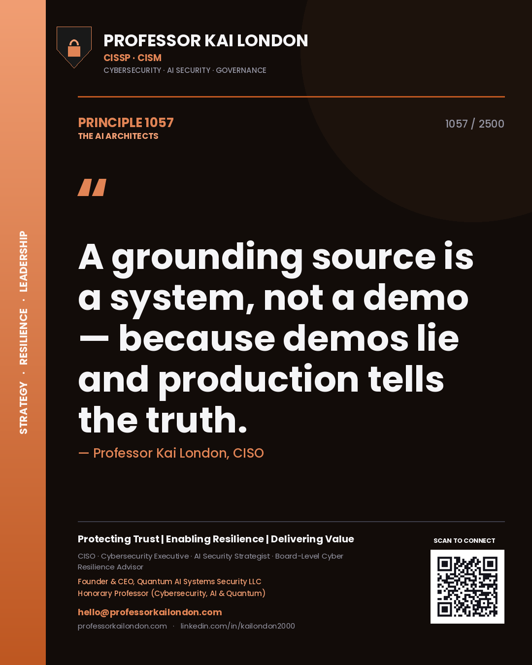 Quote card by Professor Kai London reading 'A grounding source is a system, not a demo — because demos lie and production tells the truth.'. From the book The AI Architects.