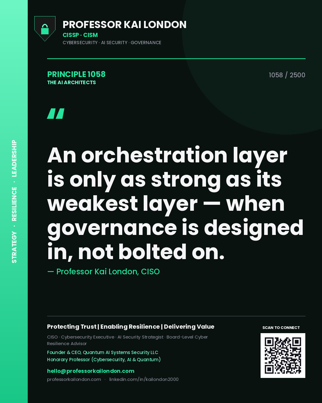Quote card by Professor Kai London reading 'An orchestration layer is only as strong as its weakest layer — when governance is designed in, not bolted on.'. From the book The AI Architects.
