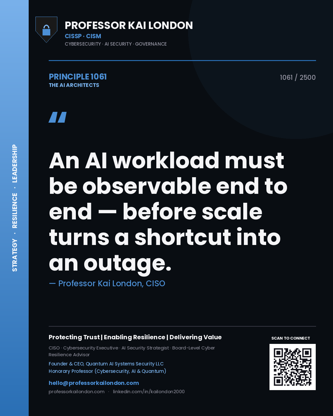 Quote card by Professor Kai London reading 'An AI workload must be observable end to end — before scale turns a shortcut into an outage.'. From the book The AI Architects.