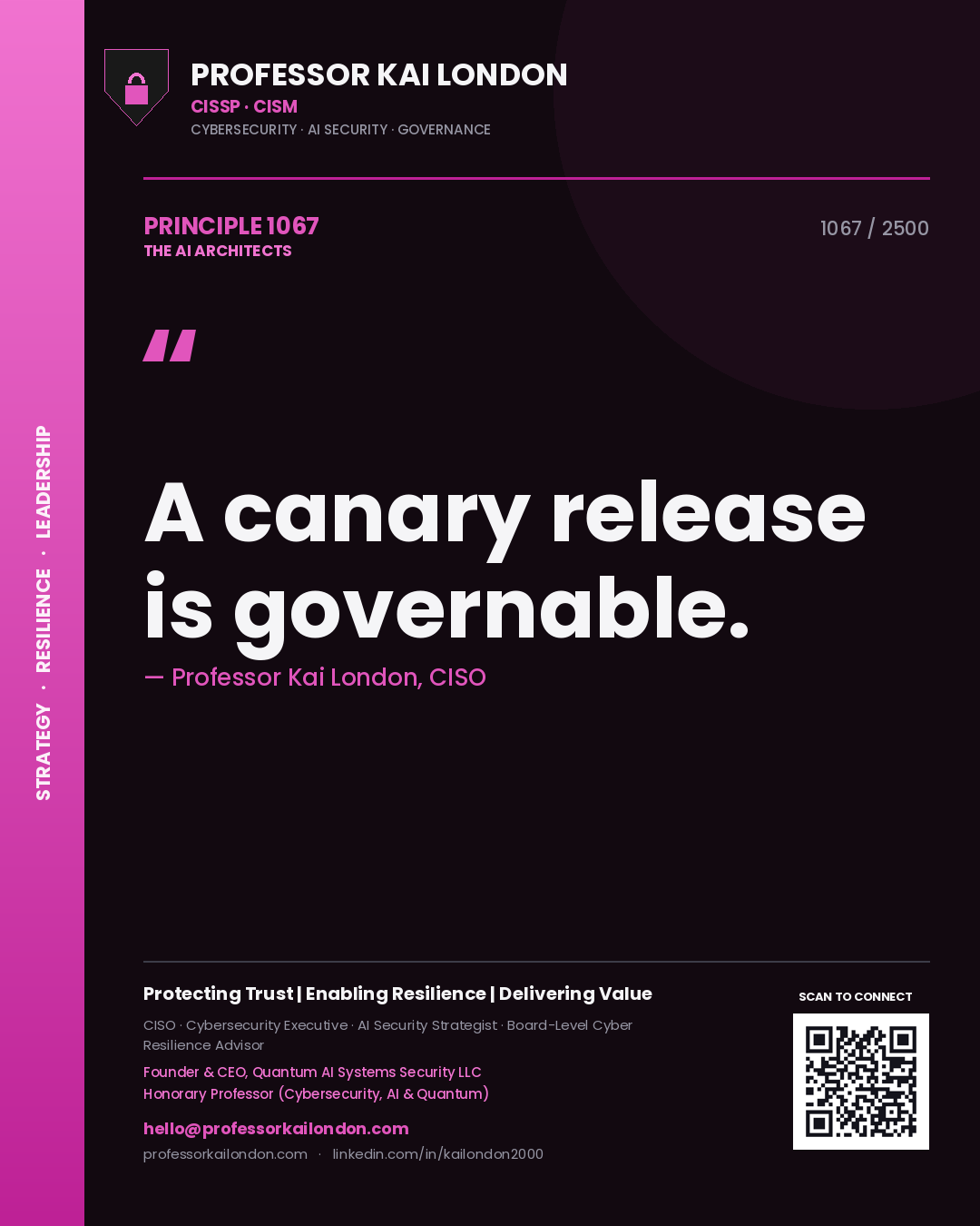 Quote card by Professor Kai London reading 'A canary release is governable.'. From the book The AI Architects.