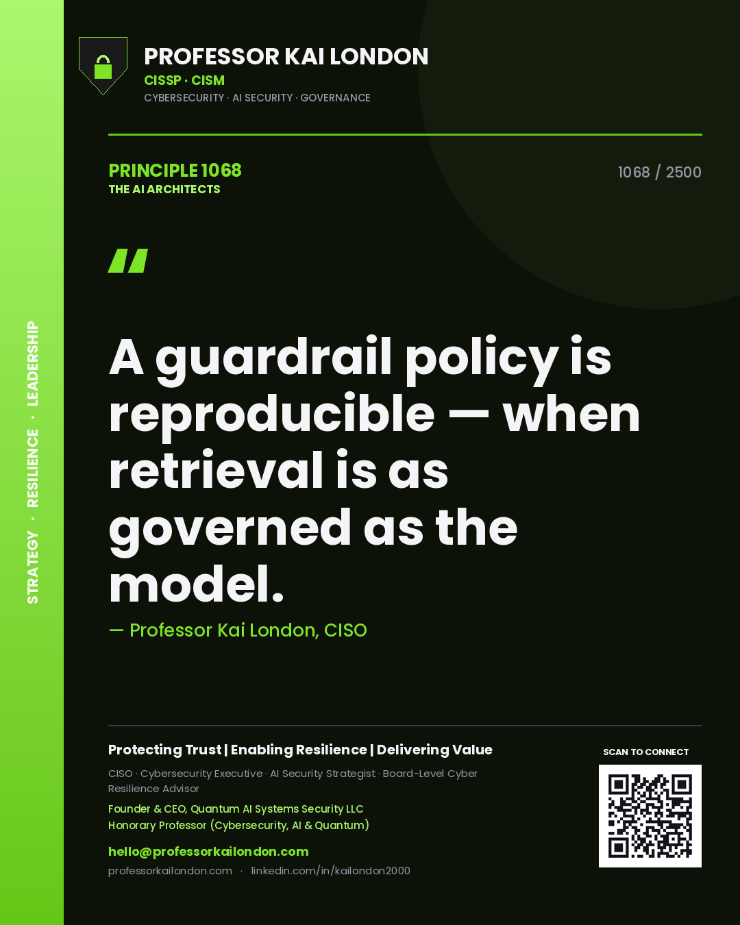 Quote card by Professor Kai London reading 'A guardrail policy is reproducible — when retrieval is as governed as the model.'. From the book The AI Architects.