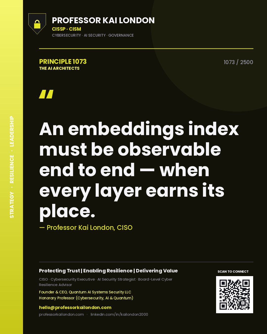 Quote card by Professor Kai London reading 'An embeddings index must be observable end to end — when every layer earns its place.'. From the book The AI Architects.