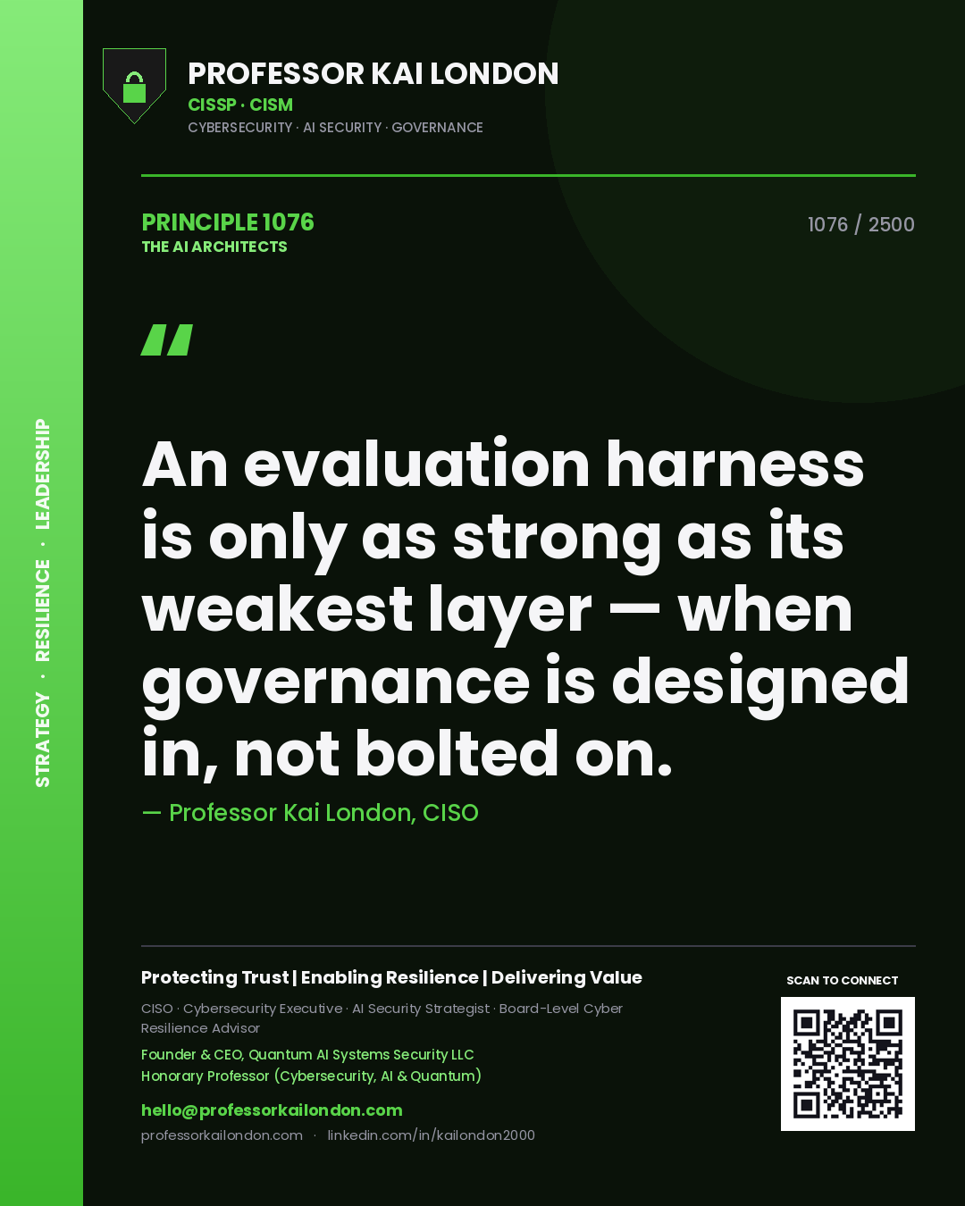 Professor Kai London principle 1076: An evaluation harness is only as strong as its weakest layer — when governance is designed in, not bolted on.