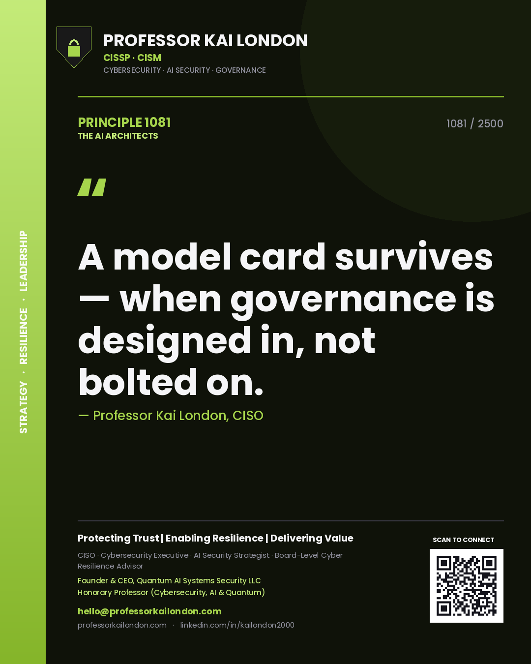 Quote card by Professor Kai London reading 'A model card survives — when governance is designed in, not bolted on.'. From the book The AI Architects.