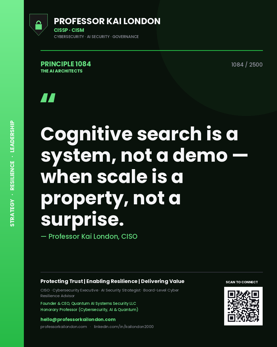 Quote card by Professor Kai London reading 'Cognitive search is a system, not a demo — when scale is a property, not a surprise.'. From the book The AI Architects.