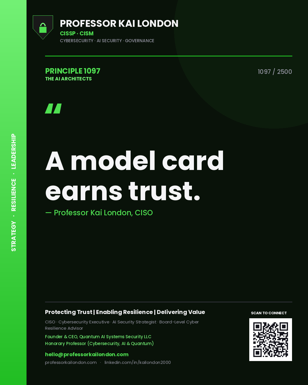 Quote card by Professor Kai London reading 'A model card earns trust.'. From the book The AI Architects.