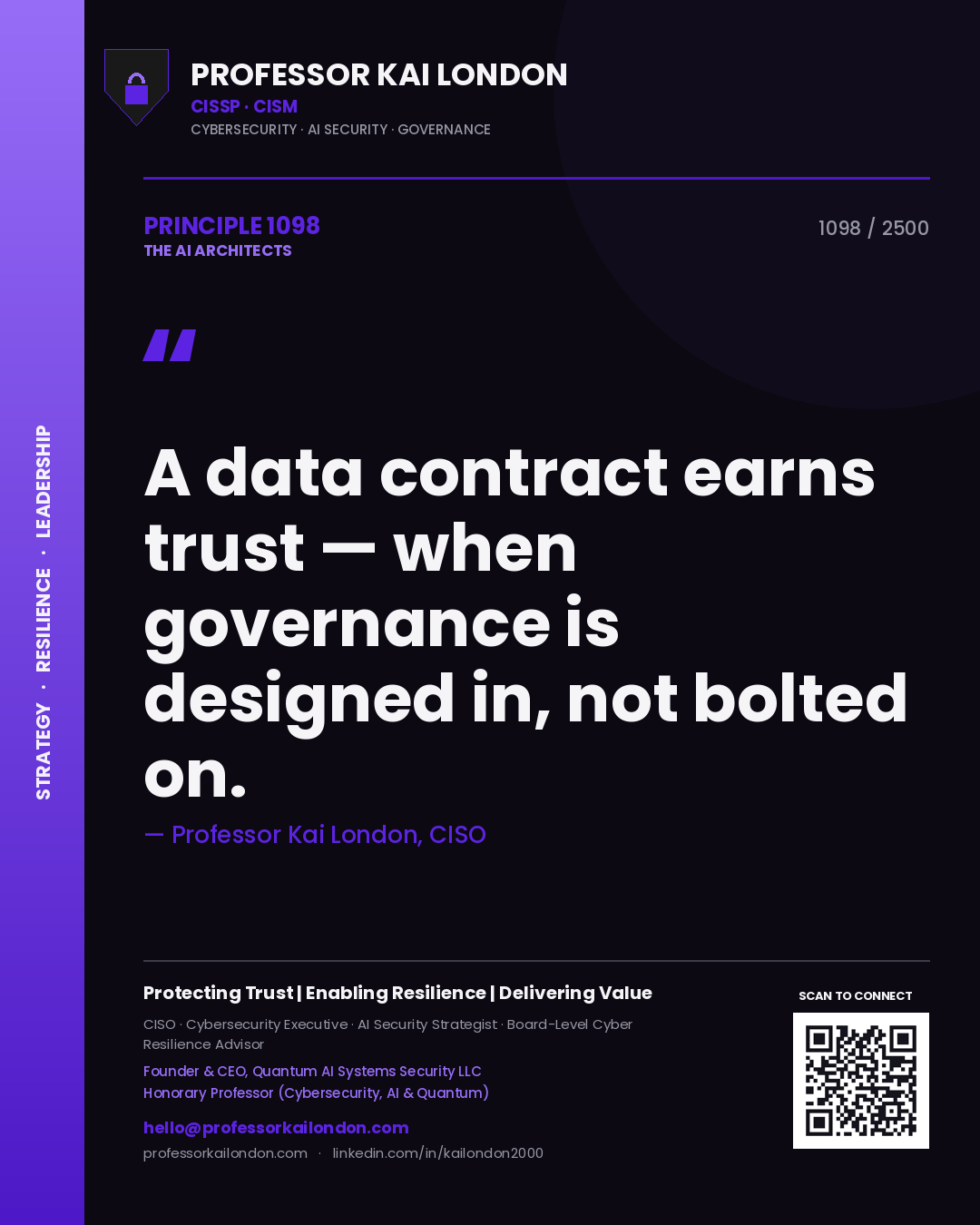 Quote card by Professor Kai London reading 'A data contract earns trust — when governance is designed in, not bolted on.'. From the book The AI Architects.