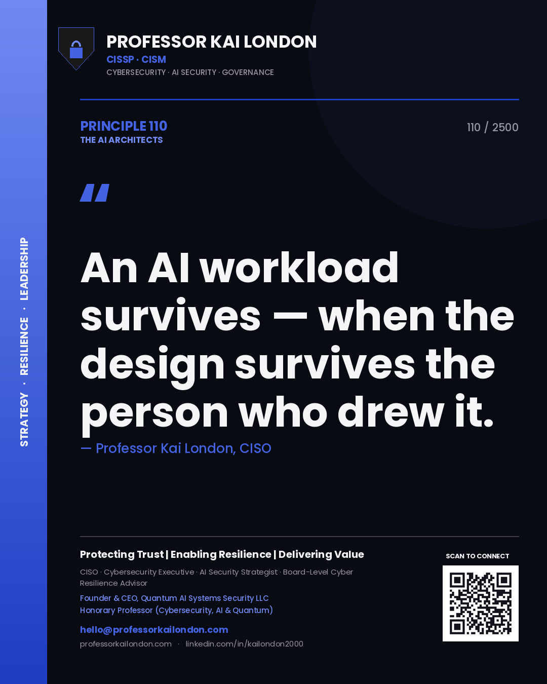 Professor Kai London principle 110: An AI workload survives — when the design survives the person who drew it.