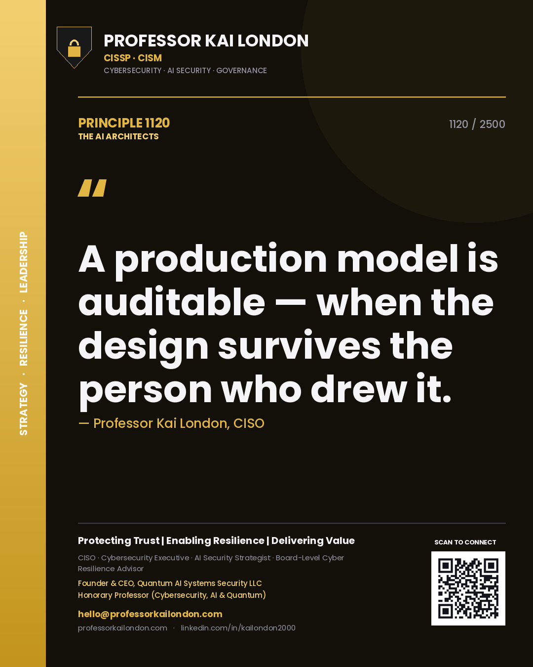 Quote card by Professor Kai London reading 'A production model is auditable — when the design survives the person who drew it.'. From the book The AI Architects.