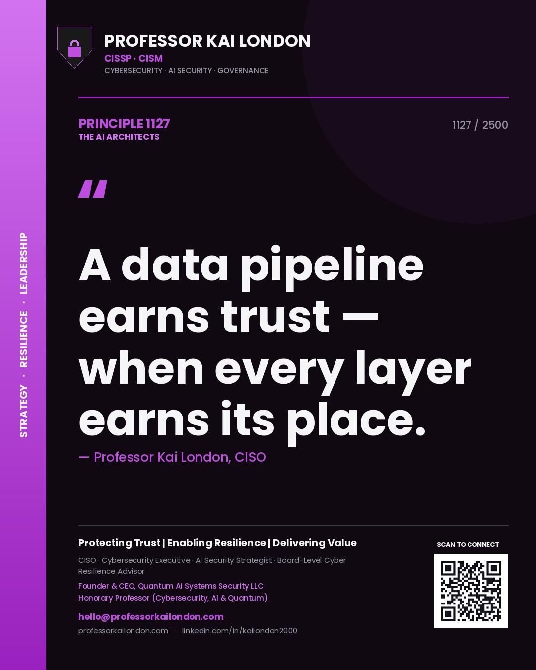 Professor Kai London principle 1127: A data pipeline earns trust — when every layer earns its place.