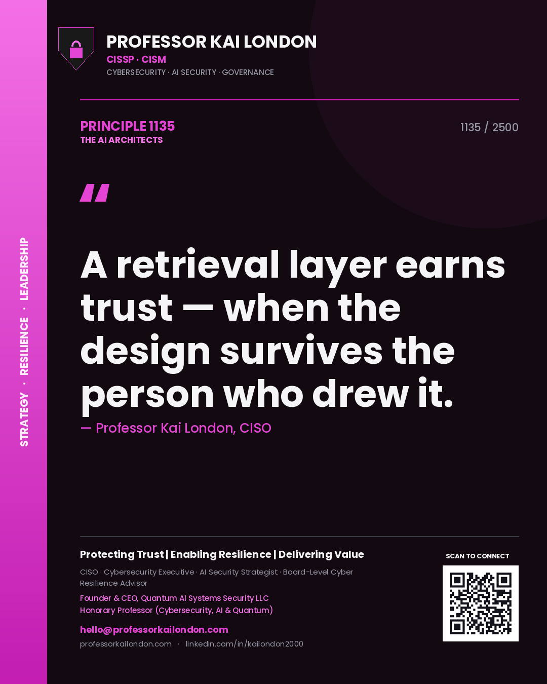 Professor Kai London principle 1135: A retrieval layer earns trust — when the design survives the person who drew it.