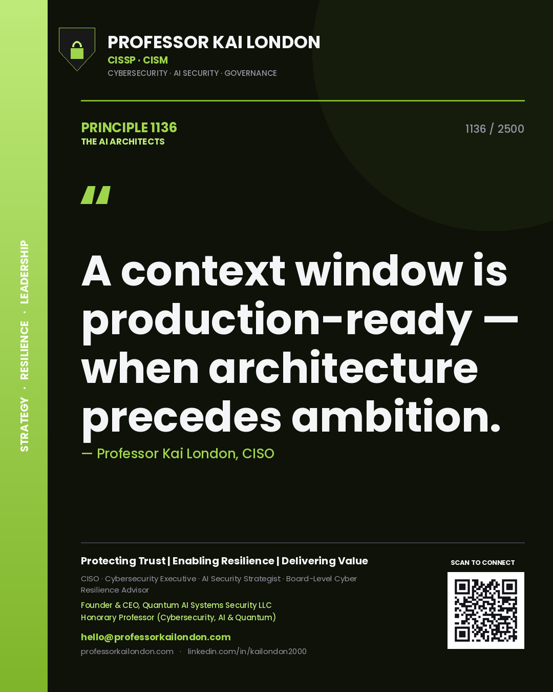 Quote card by Professor Kai London reading 'A context window is production-ready — when architecture precedes ambition.'. From the book The AI Architects.