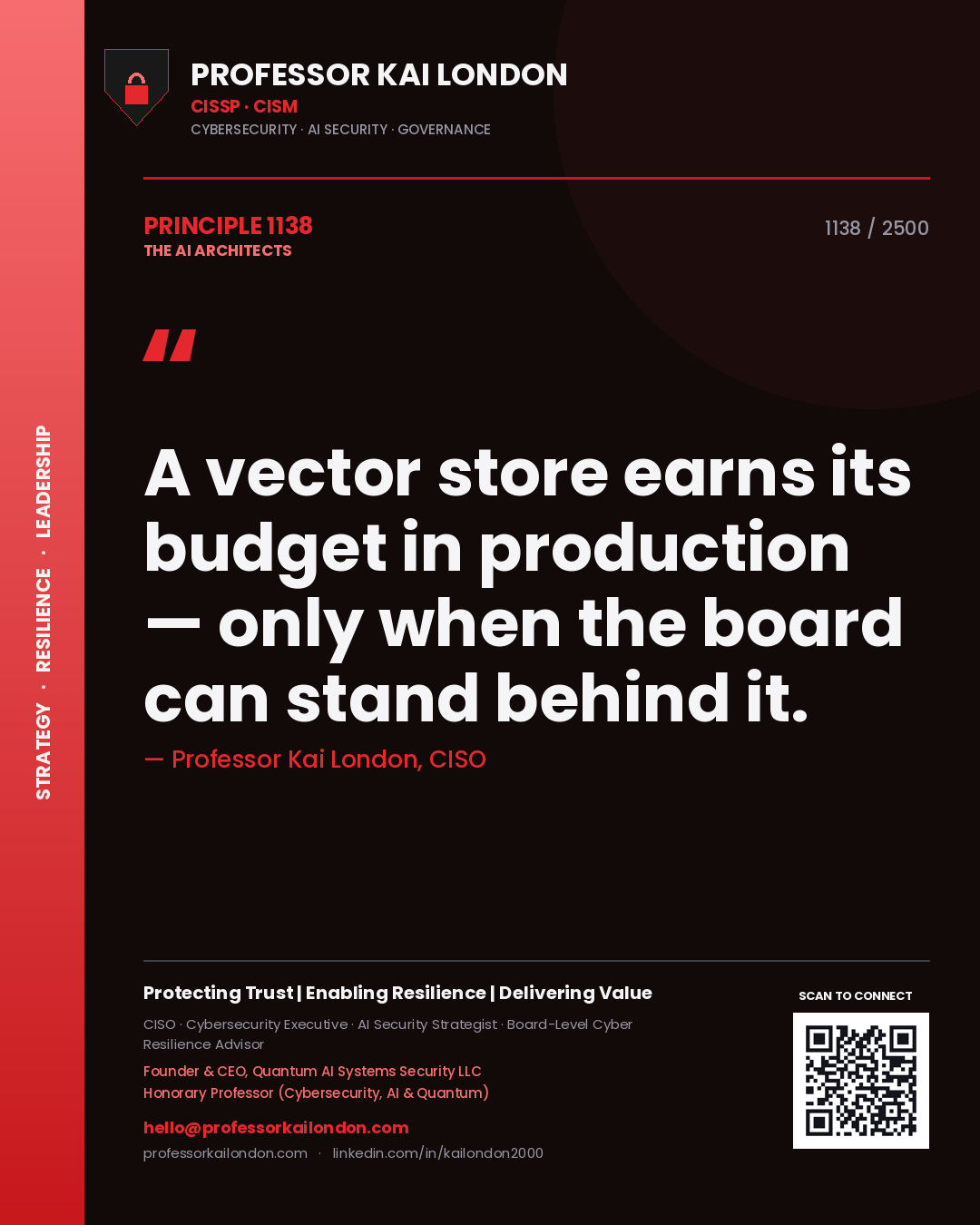 Professor Kai London principle 1138: A vector store earns its budget in production — only when the board can stand behind it.