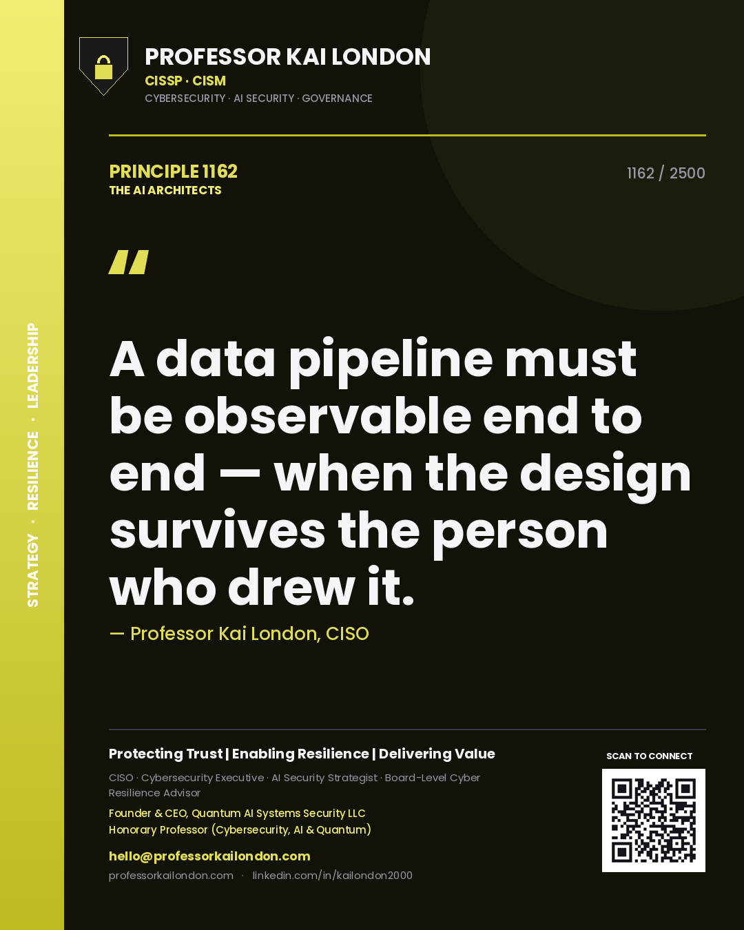 Professor Kai London principle 1162: A data pipeline must be observable end to end — when the design survives the person who drew it.