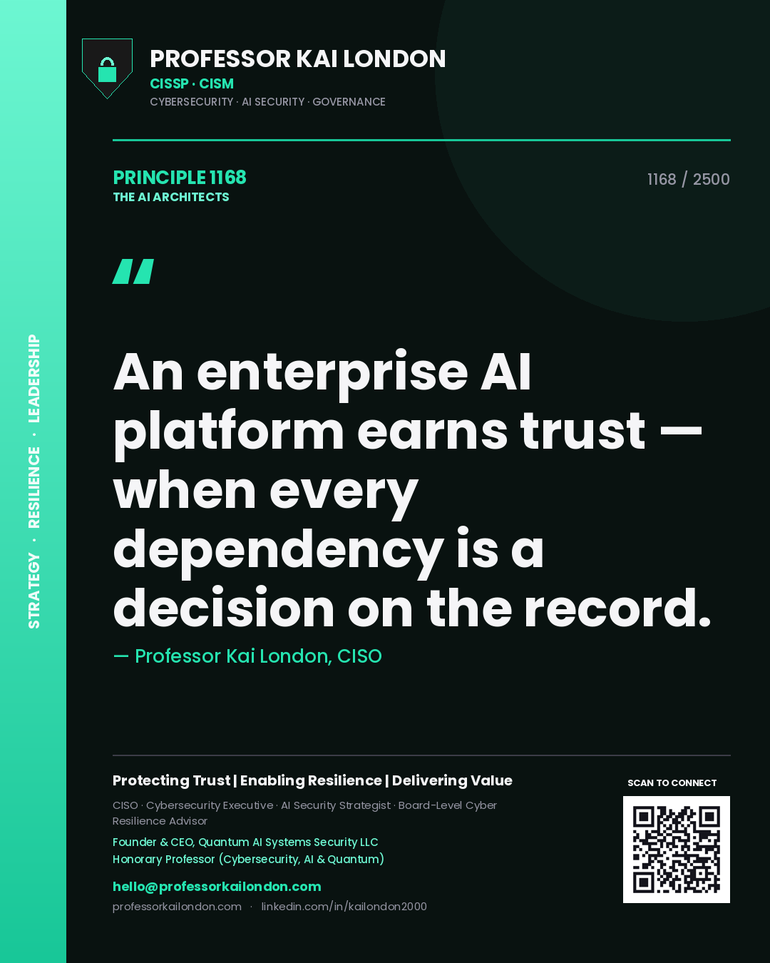 Quote card by Professor Kai London reading 'An enterprise AI platform earns trust — when every dependency is a decision on the record.'. From the book The AI Architects.