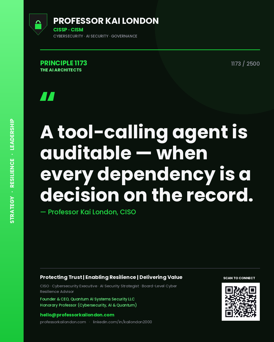 Quote card by Professor Kai London reading 'A tool-calling agent is auditable — when every dependency is a decision on the record.'. From the book The AI Architects.