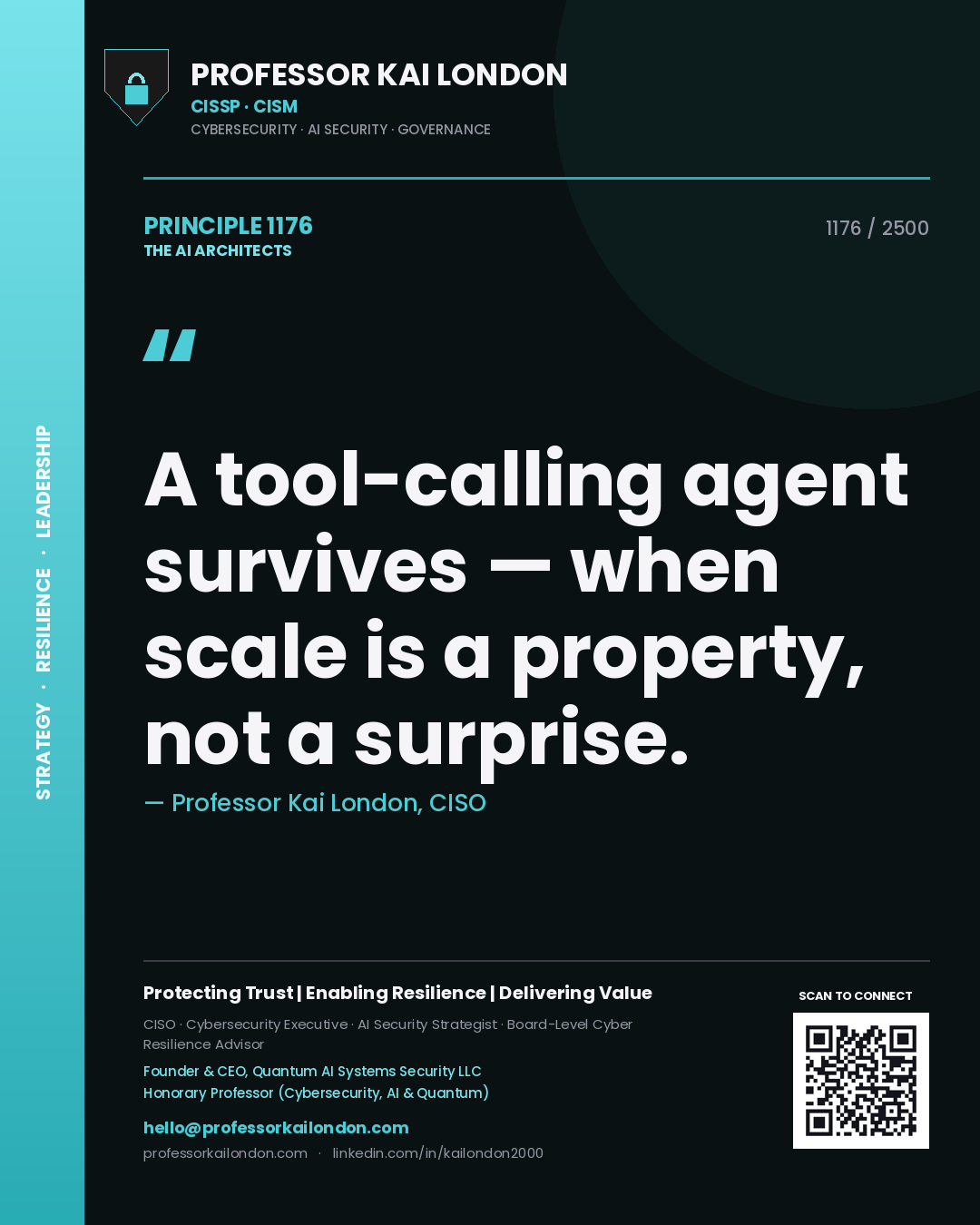 Quote card by Professor Kai London reading 'A tool-calling agent survives — when scale is a property, not a surprise.'. From the book The AI Architects.
