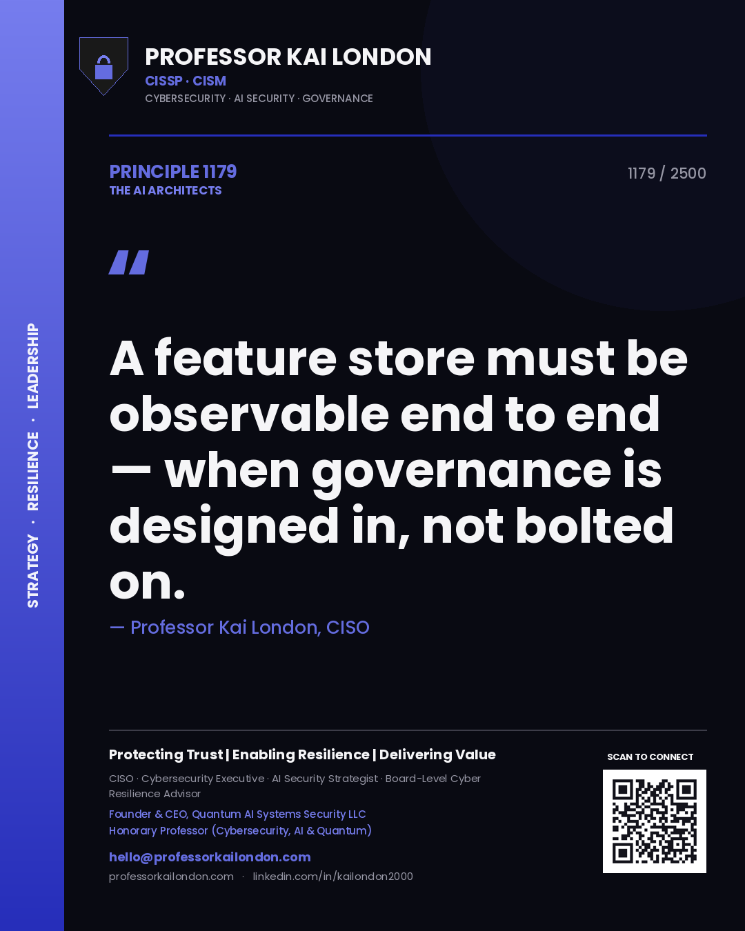 Quote card by Professor Kai London reading 'A feature store must be observable end to end — when governance is designed in, not bolted on.'. From the book The AI Architects.