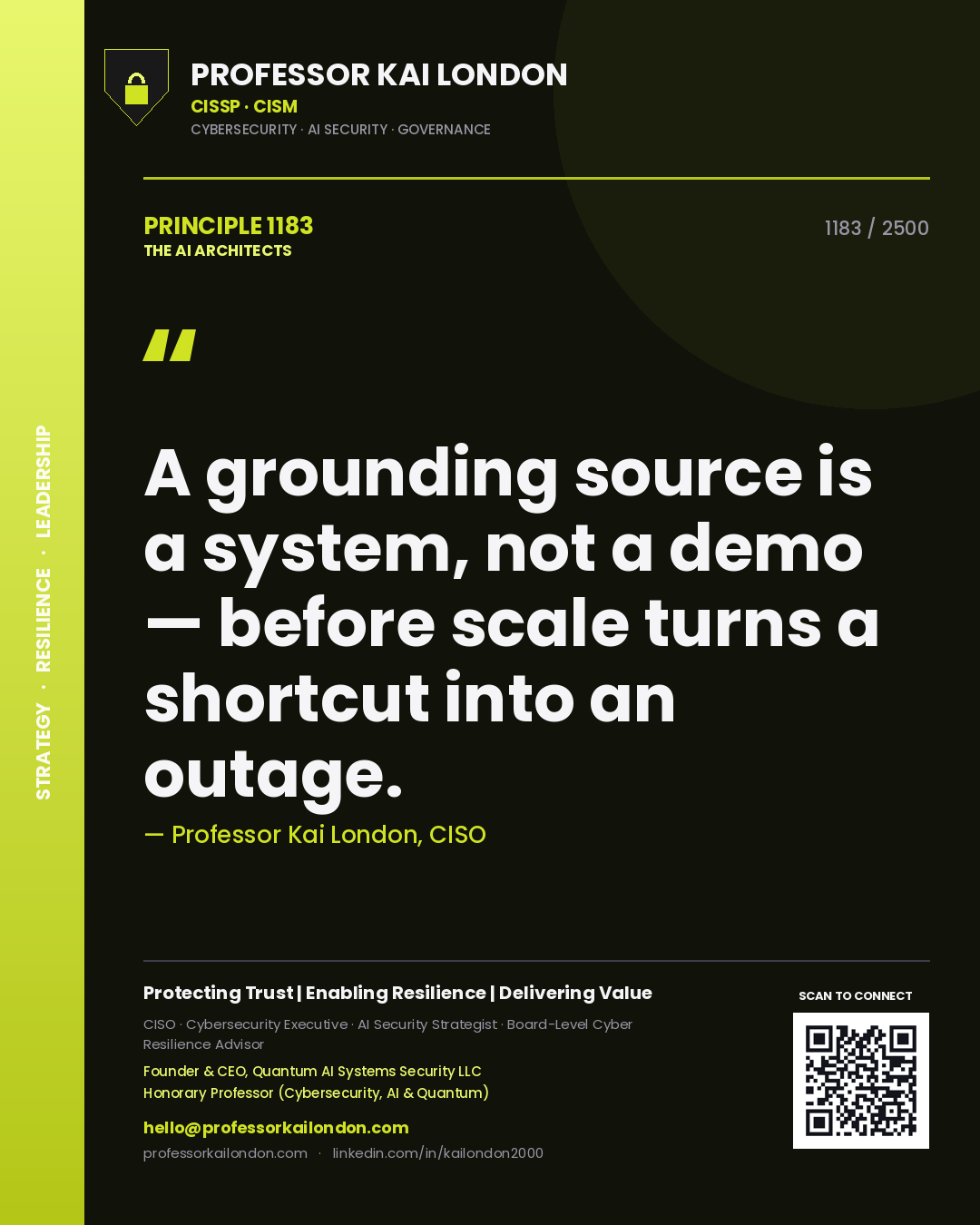 Quote card by Professor Kai London reading 'A grounding source is a system, not a demo — before scale turns a shortcut into an outage.'. From the book The AI Architects.