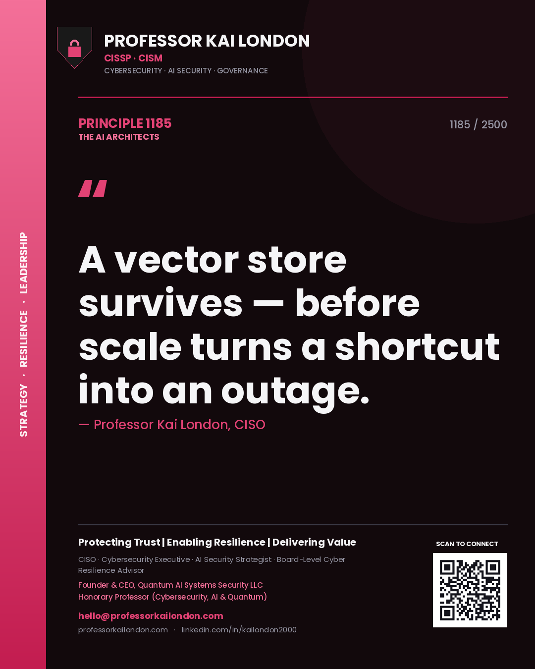 Professor Kai London principle 1185: A vector store survives — before scale turns a shortcut into an outage.