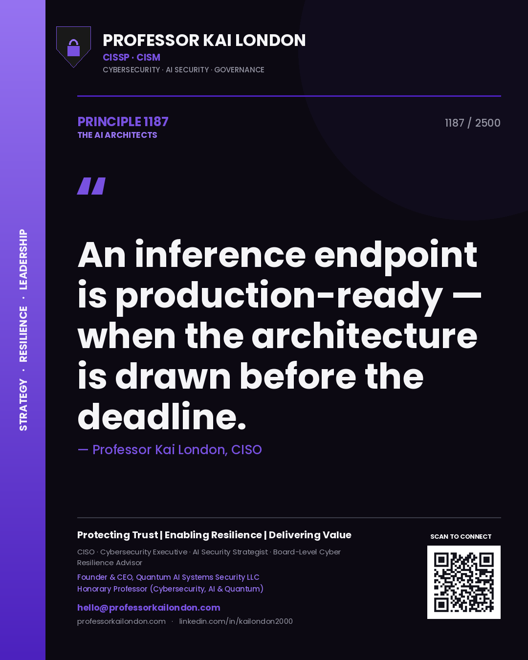 Quote card by Professor Kai London reading 'An inference endpoint is production-ready — when the architecture is drawn before the deadline.'. From the book The AI Architects.