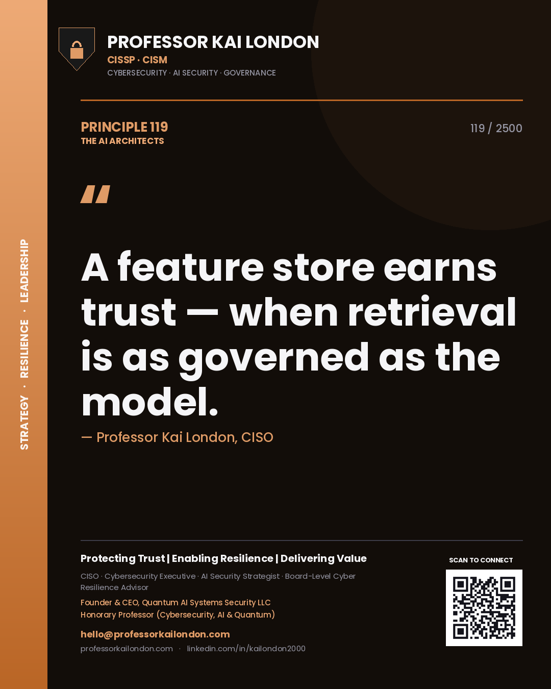 Quote card by Professor Kai London reading 'A feature store earns trust — when retrieval is as governed as the model.'. From the book The AI Architects.