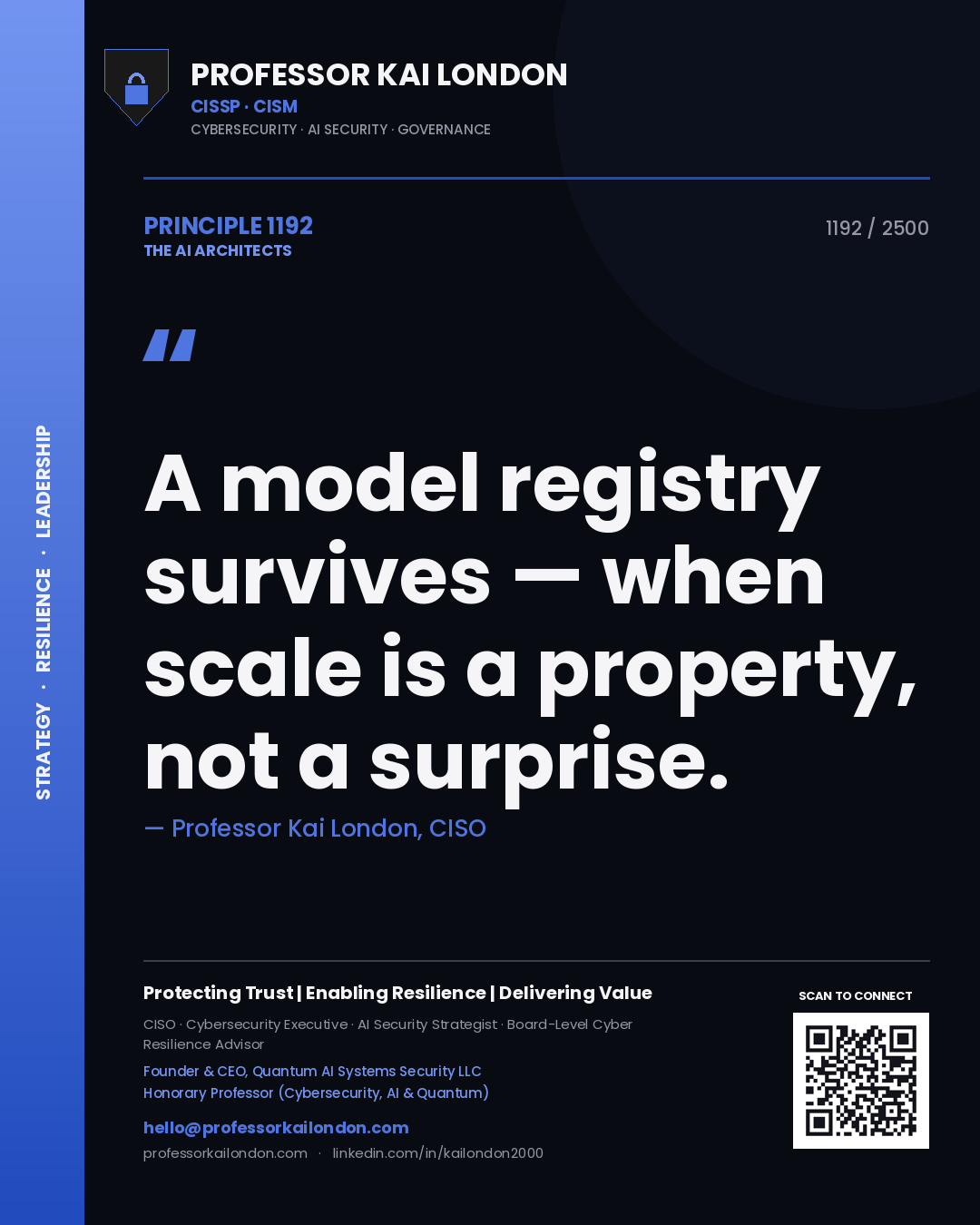 Quote card by Professor Kai London reading 'A model registry survives — when scale is a property, not a surprise.'. From the book The AI Architects.