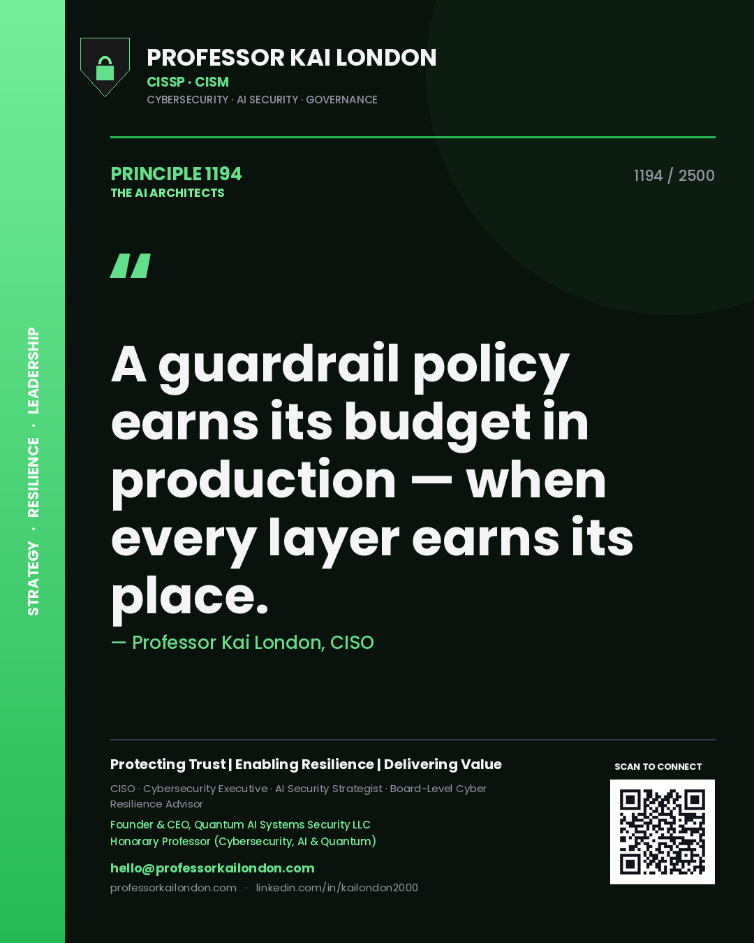 Quote card by Professor Kai London reading 'A guardrail policy earns its budget in production — when every layer earns its place.'. From the book The AI Architects.