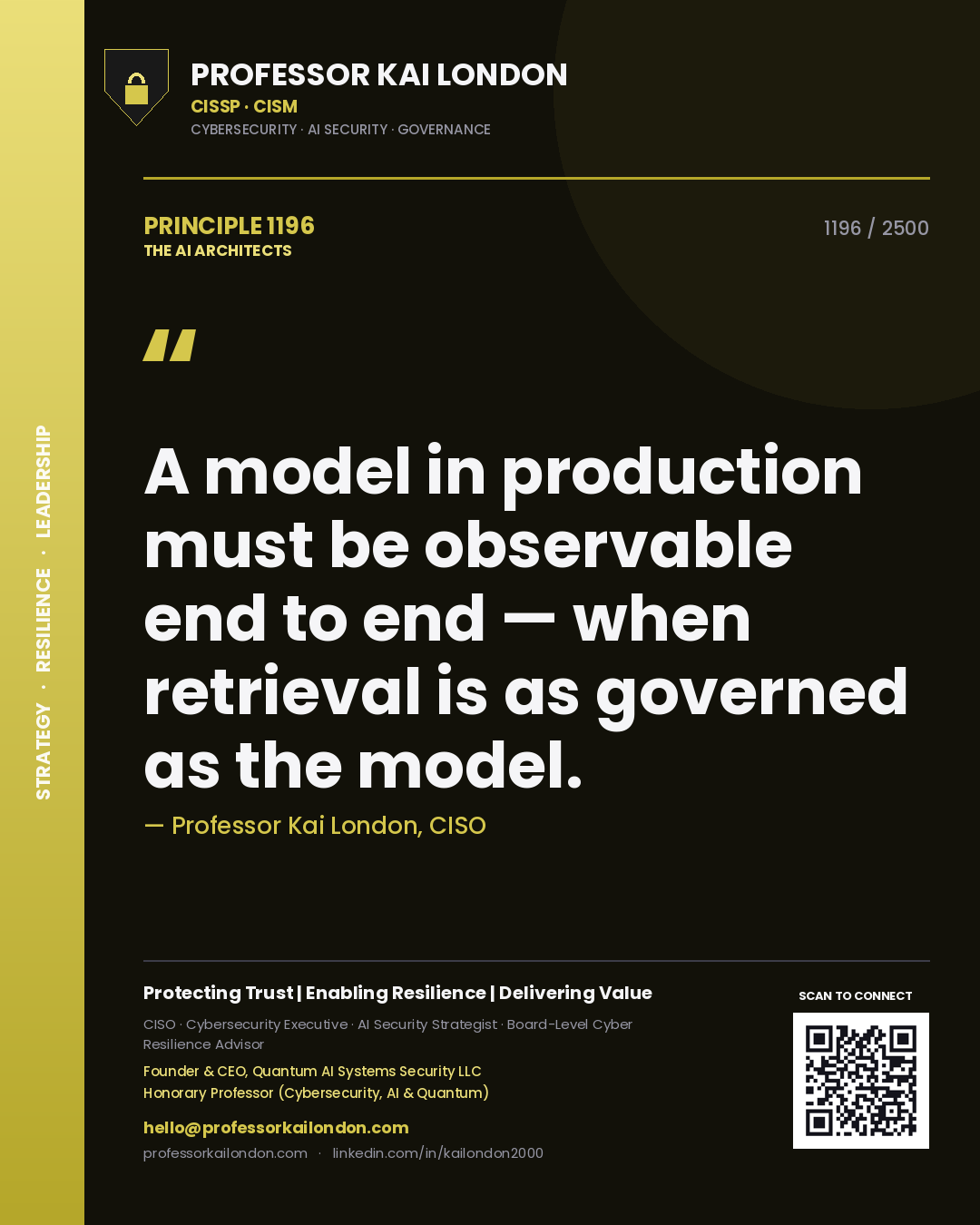 Quote card by Professor Kai London reading 'A model in production must be observable end to end — when retrieval is as governed as the model.'. From the book The AI Architects.