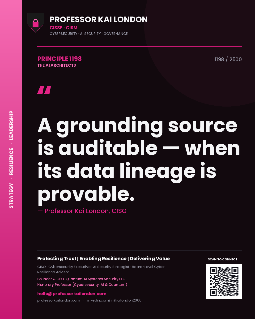 Quote card by Professor Kai London reading 'A grounding source is auditable — when its data lineage is provable.'. From the book The AI Architects.