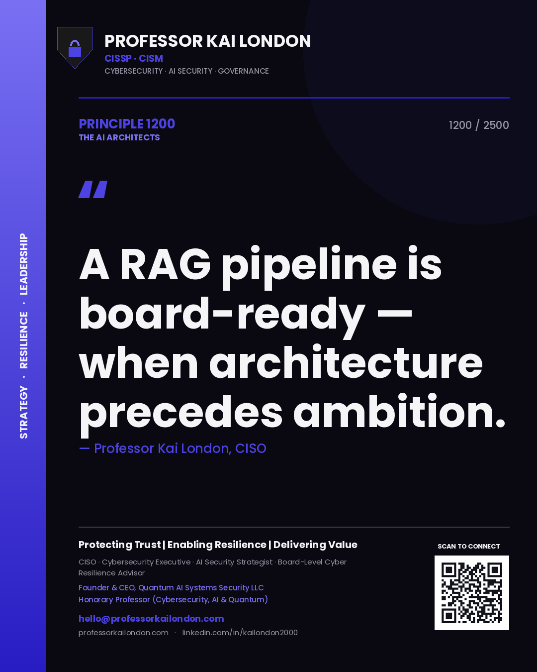 Quote card by Professor Kai London reading 'A RAG pipeline is board-ready — when architecture precedes ambition.'. From the book The AI Architects.