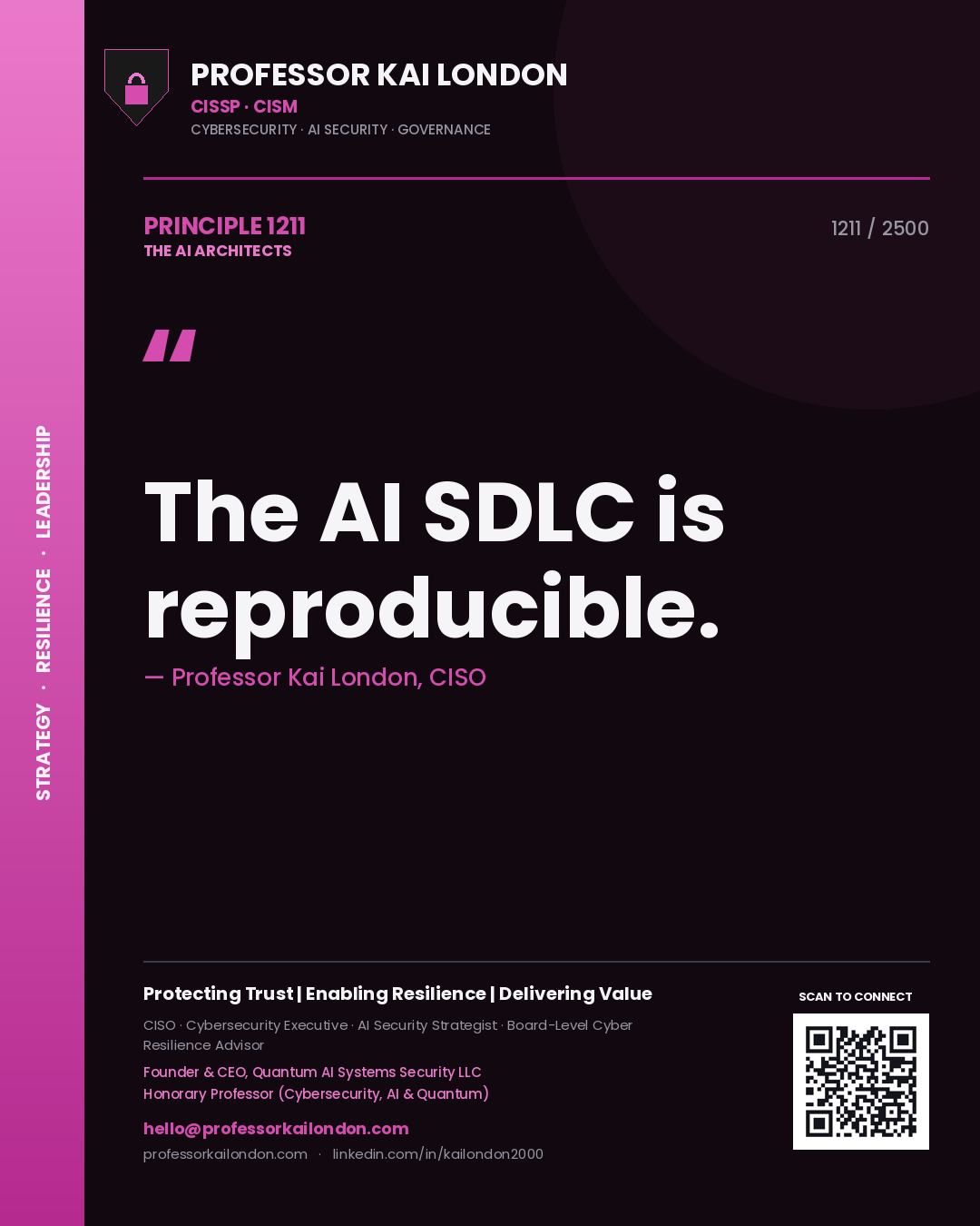 Quote card by Professor Kai London reading 'The AI SDLC is reproducible.'. From the book The AI Architects.