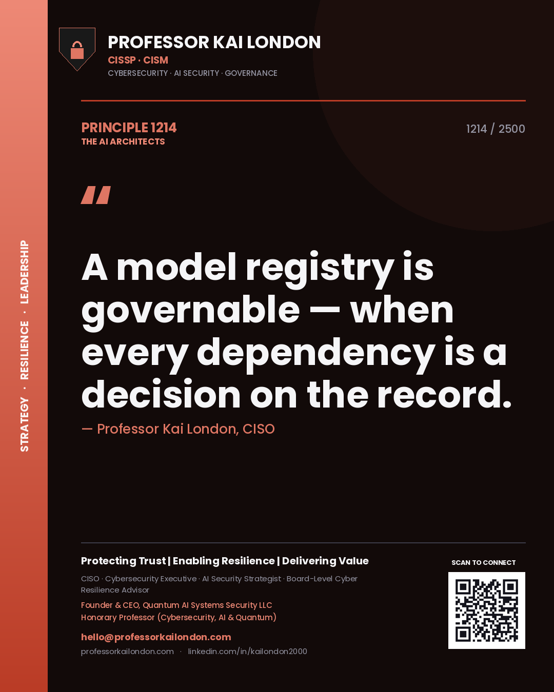 Quote card by Professor Kai London reading 'A model registry is governable — when every dependency is a decision on the record.'. From the book The AI Architects.