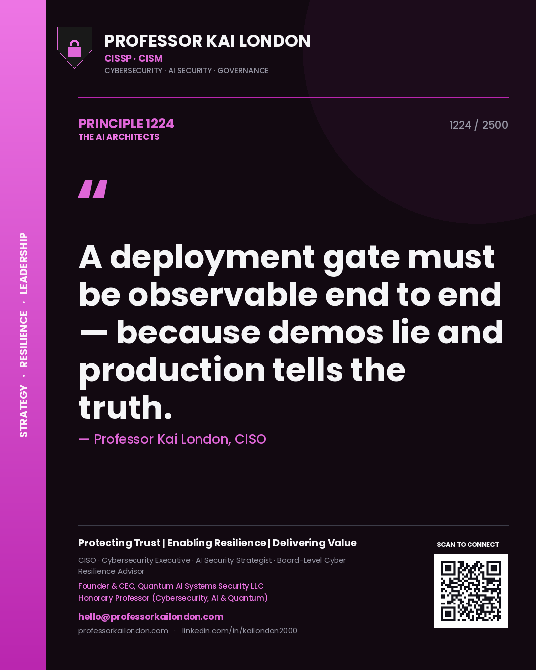Professor Kai London principle 1224: A deployment gate must be observable end to end — because demos lie and production tells the truth.